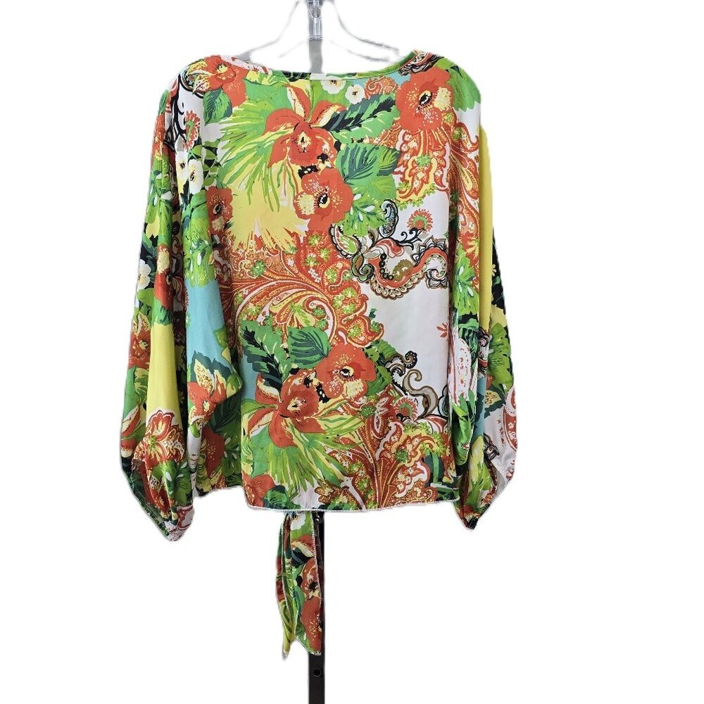 Cha Cha Vente Scoop Neck Tie Front Long Sleeve‎ Multicolor Top XL - Picture 2 of 7